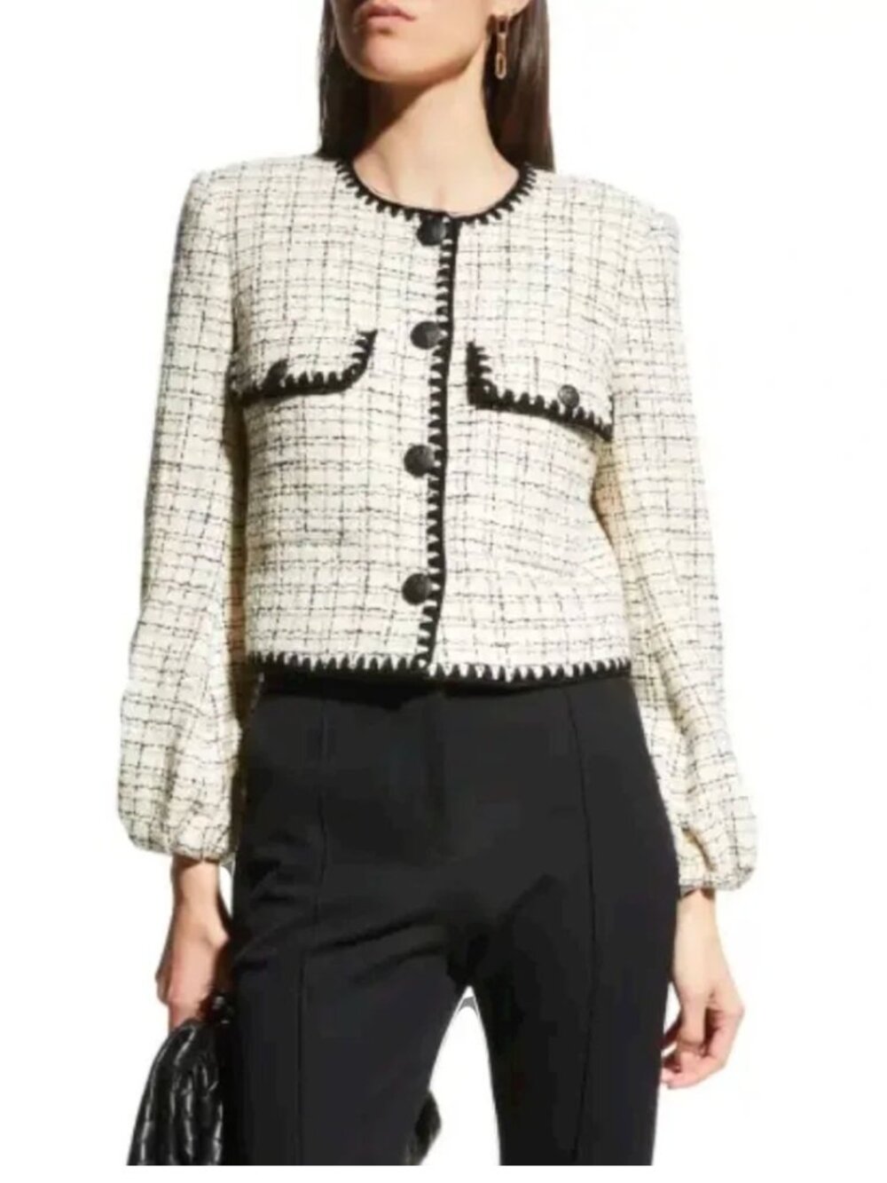 Veronica Beard Albia Tweed Jacket Size 0 Black White Cropped Boucle Scallop Trim